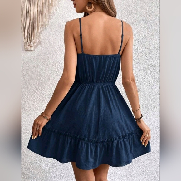 New Boho Lace Trim Cotton Mini Dress Navy Blue - Picture 5 of 8